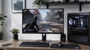 Curved gaming monitor on a desk, the upgrade gamers weigh when comparing 60Hz vs 144Hz