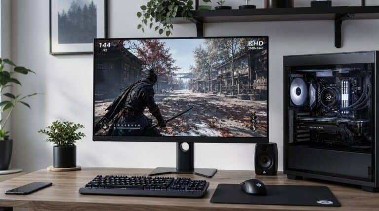 Curved gaming monitor on a desk, the upgrade gamers weigh when comparing 60Hz vs 144Hz