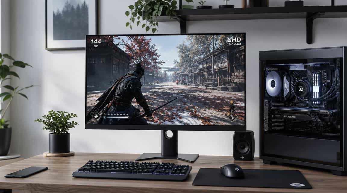 A high-refresh gaming monitor on a desk running a fast game, central to the 60Hz vs 144Hz upgrade question