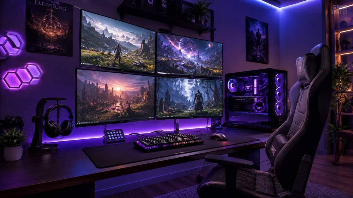 A purple-lit gaming 4-monitor setup in a 2x2 grid, all four screens showing the same open-world game above an RGB PC and gaming chair