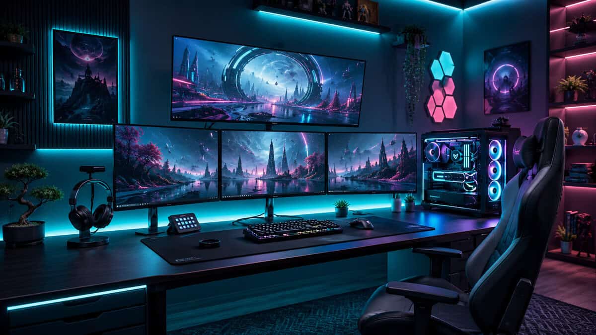 A teal-lit 4-monitor setup with one ultrawide above three landscape monitors spanning sci-fi game scenes over a desk with RGB underglow