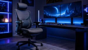 Black mesh ergonomic gaming chair facing dual monitors in a blue and purple RGB battlestation, illustrating the best ergonomic chair for gaming