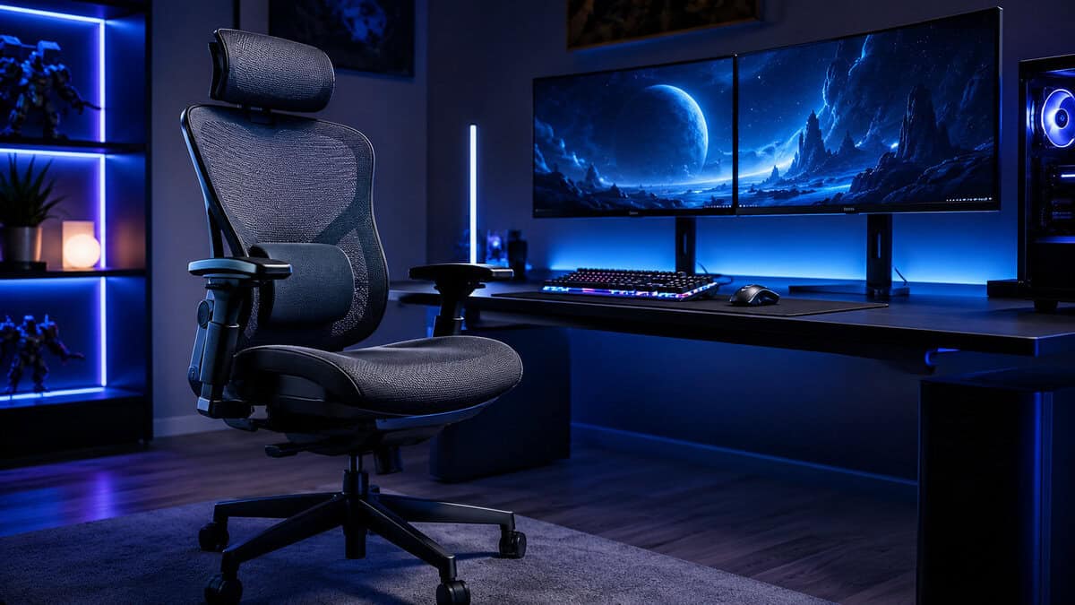 Black mesh ergonomic gaming chair facing dual monitors in a blue and purple RGB battlestation, illustrating the best ergonomic chair for gaming