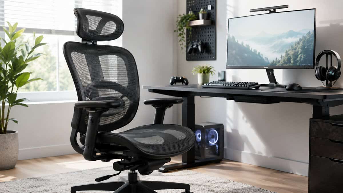 Premium black full-mesh ergonomic chair in a bright gaming setup with a monitor light bar, the flagship best ergonomic chair for gaming