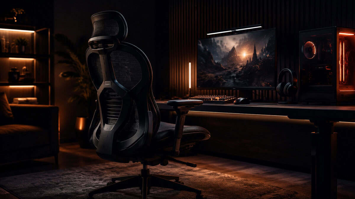 Black mesh ergonomic chair seen from behind in a dark gaming room with red RGB lighting, a mid-range best ergonomic chair for gaming