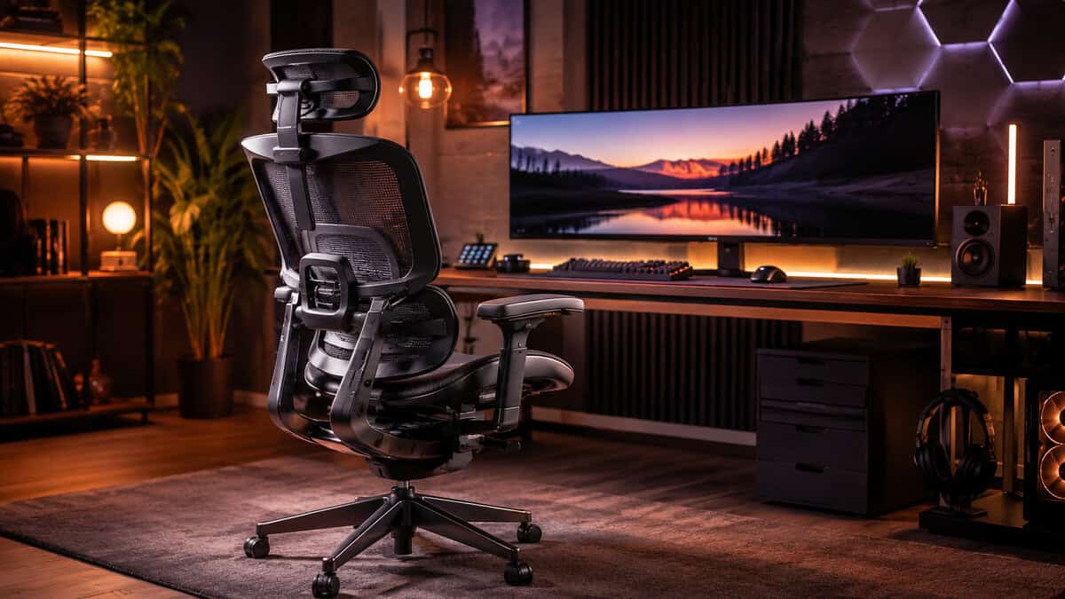 Black mesh ergonomic chair in a warm-lit gaming setup with an ultrawide monitor, a budget-friendly best ergonomic chair for gaming