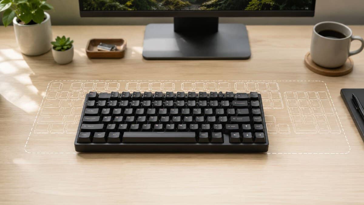 Black 75% mechanical keyboard next to a full-size keyboard outline, illustrating the space savings of the best 75% keyboard