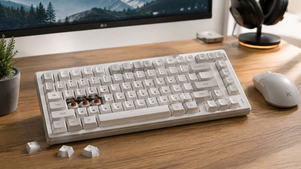 White 75% mechanical keyboard with exposed switches on a wood desk, showing the compact layout of the best 75% keyboard