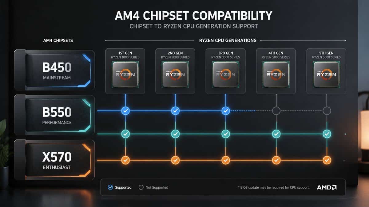An AM4 chipset compatibility chart mapping B450, B550, and X570 boards to each Ryzen CPU generation, the support matrix to check when picking the best AM4 motherboard