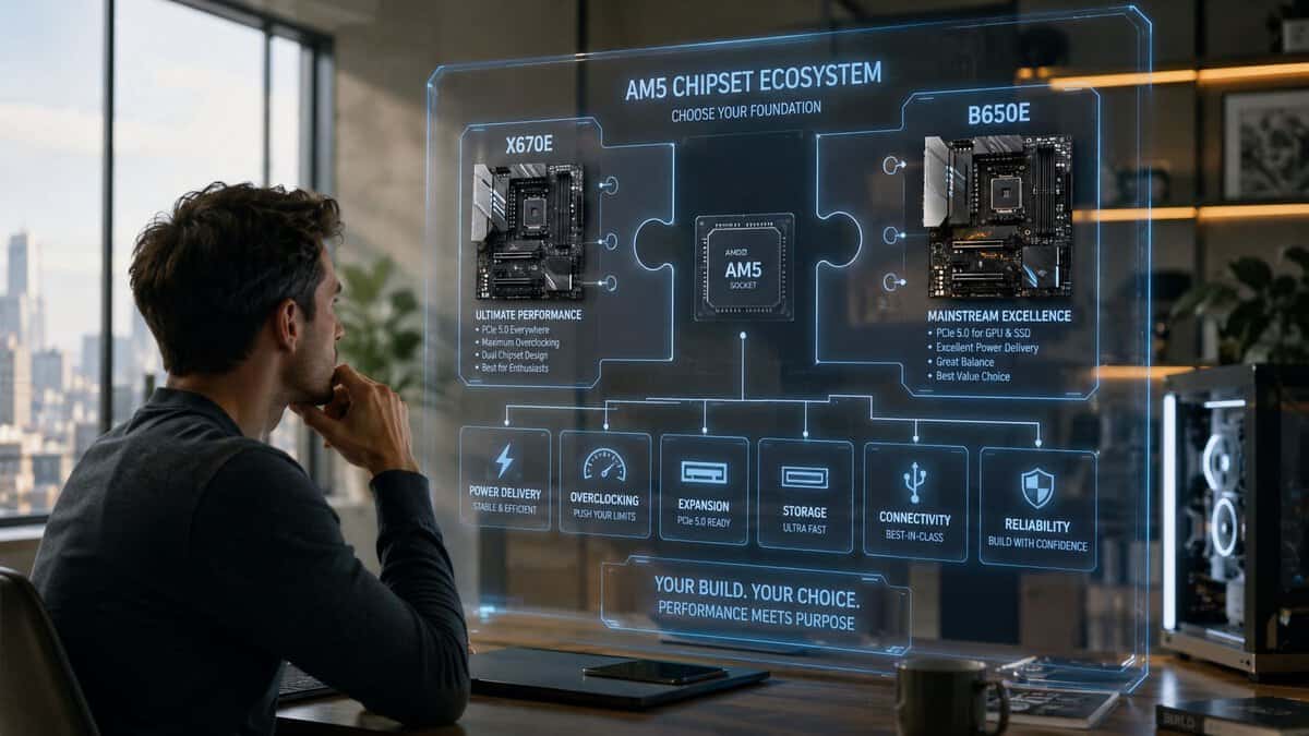 A builder studying a holographic AM5 chipset ecosystem chart comparing X670E and B650E, illustrating how to choose the best AM5 motherboard