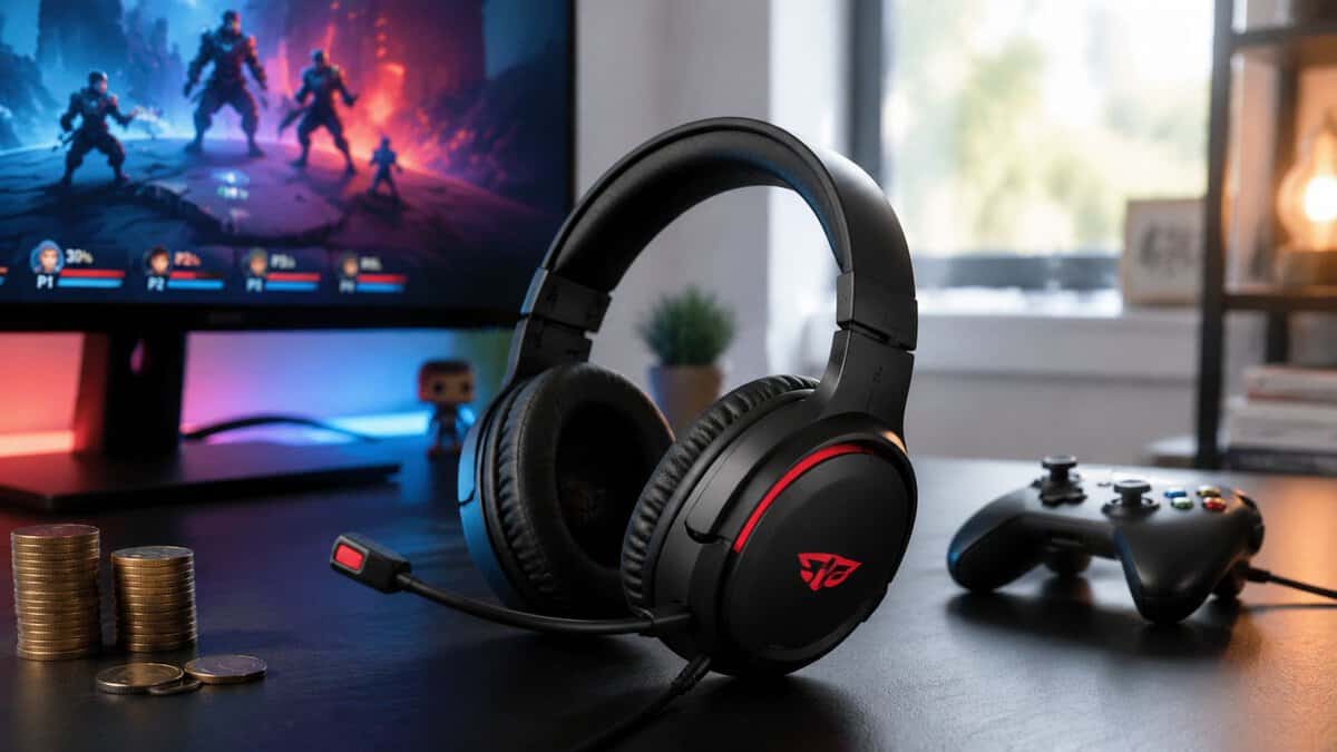 The best budget headset for Marvel Rivals on a desk beside stacked coins, a game controller, and a monitor running a hero-shooter match