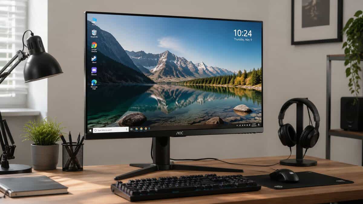 A clean desktop with a monitor showing a sunlit mountain-lake wallpaper, a headset stand and plant nearby, framing everyday use of the best budget mini-LED monitor