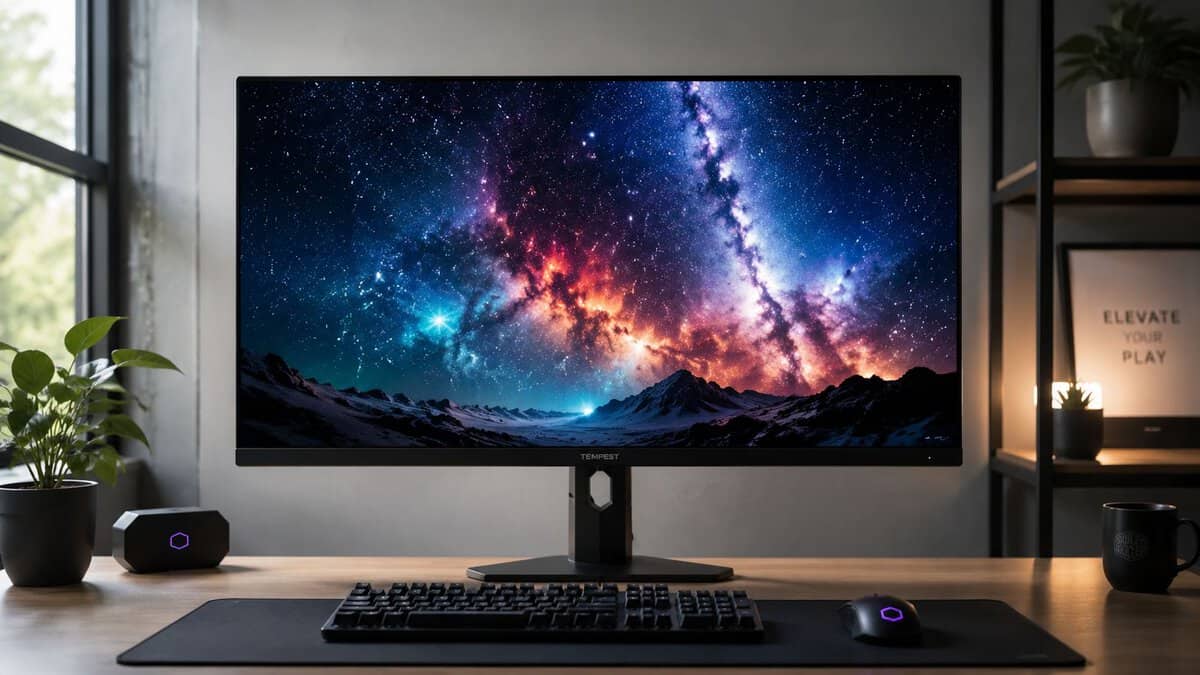 A gaming monitor on a dark desk showing a vivid nebula with deep blacks and bright stars, demonstrating the HDR contrast you get from the best budget mini-LED monitor