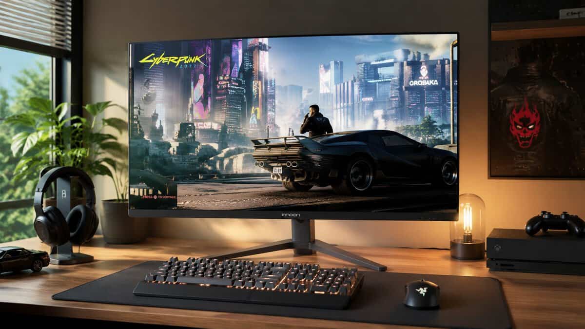 A curved gaming monitor running a neon Cyberpunk cityscape with warm RGB desk lighting, illustrating the punchy highlights of the best budget mini-LED monitor