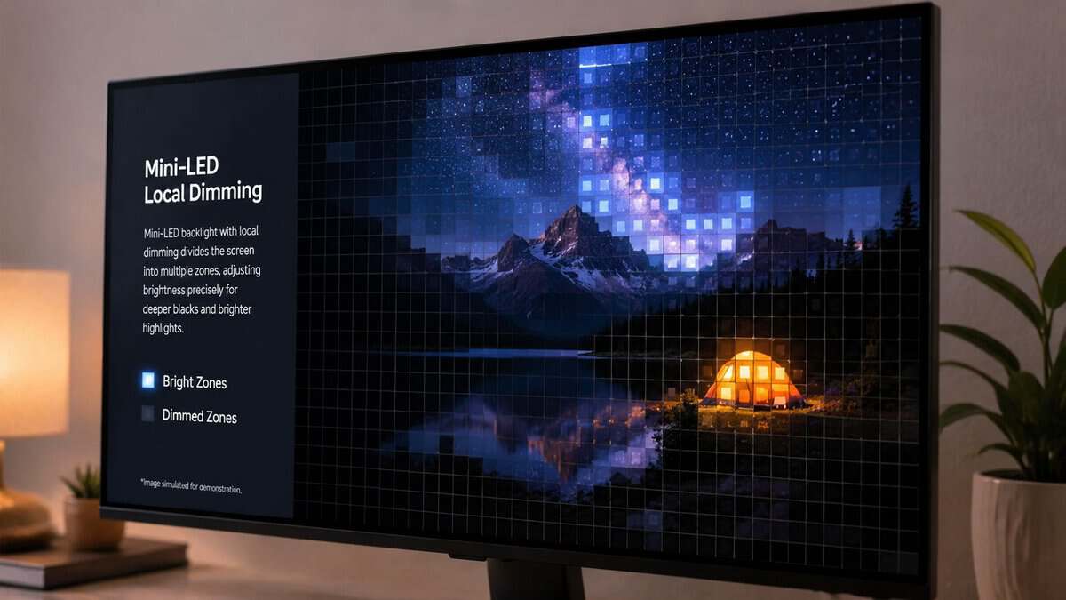 An on-screen infographic explaining mini-LED local dimming, with a grid of bright and dimmed backlight zones over a night landscape, the core technology behind the best budget mini-LED monitor