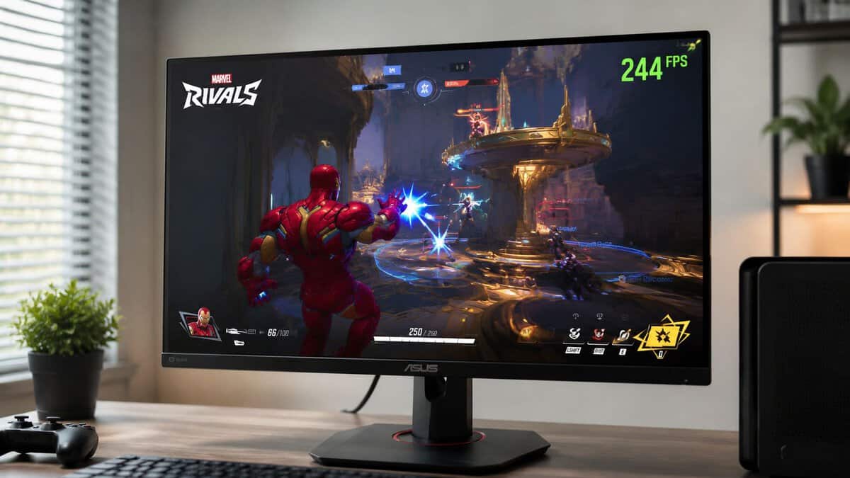An ASUS gaming monitor displaying a high-action Marvel Rivals gameplay scene on a wooden desk — a pick in our best budget monitor for Marvel Rivals guide.