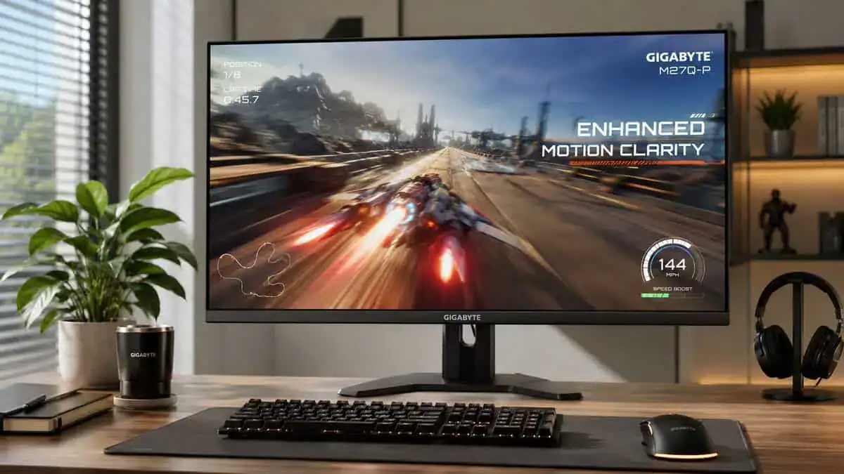Gigabyte M27Q2 monitor showing a fast-paced game, the mid-range step-up for the best budget monitor for Tarkov
