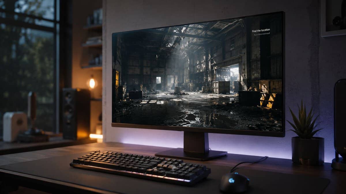 Gaming monitor on a dark desk setup, the starting point for choosing the best budget monitor for Tarkov