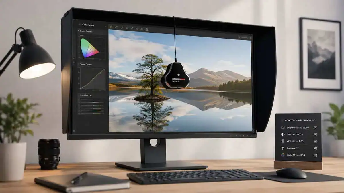 Monitor being calibrated with a Datacolor Spyder, tuning the best budget monitor for Tarkov for dark-raid visibility