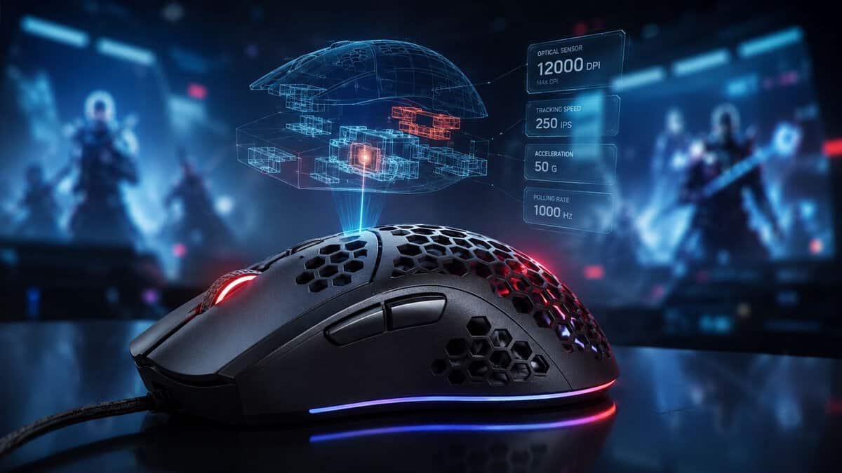 The best budget mouse for Marvel Rivals, a lightweight honeycomb-shell model, on a desk with floating DPI readouts and a hero-shooter scene behind it