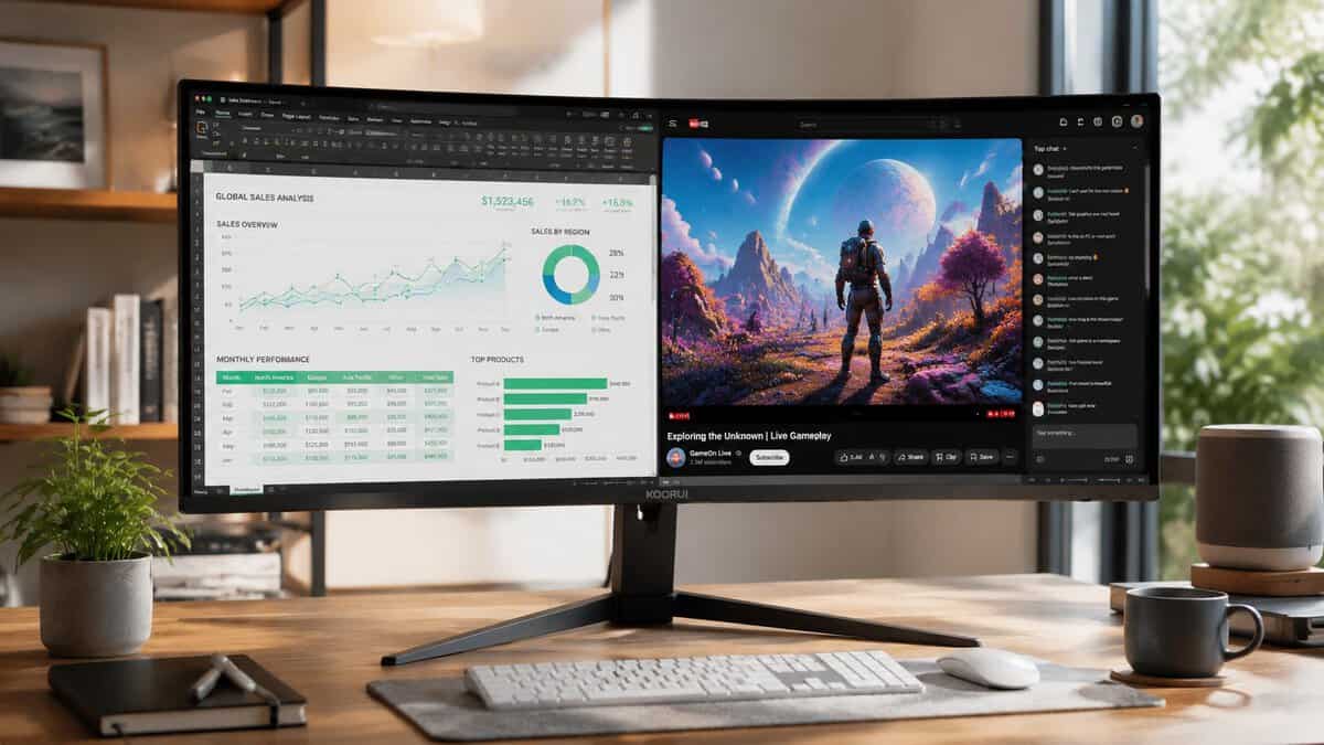 A KOORUI curved best budget ultrawide monitor showing a sales analytics dashboard next to a live game stream with chat, on a bright wood desk