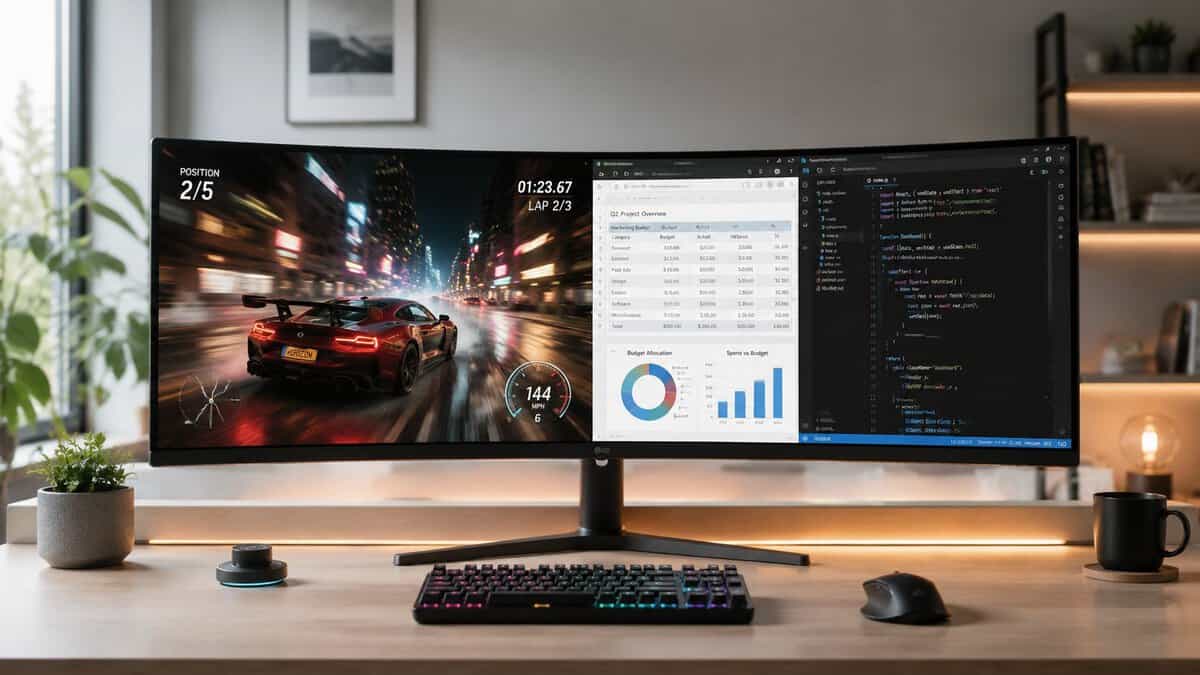 A curved best budget ultrawide monitor on a wood desk running a racing game, a budget dashboard, and a code editor side by side, with an RGB keyboard and mouse