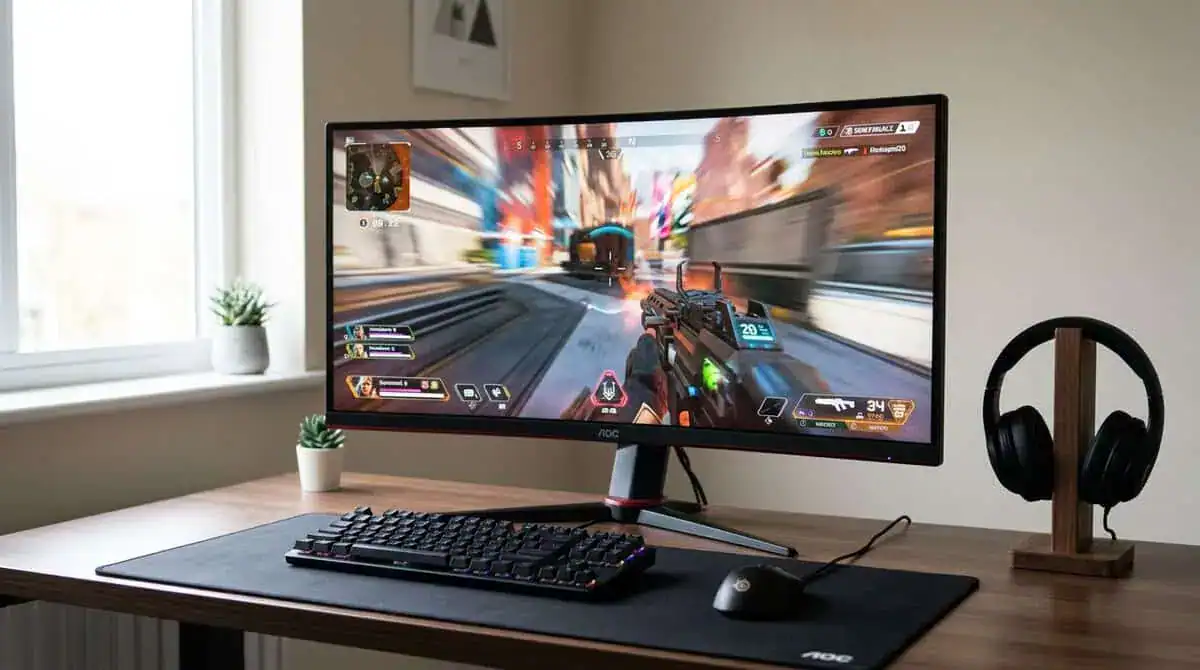 An AOC curved best budget ultrawide monitor on a wood desk running a first-person shooter, with a compact keyboard, mouse, and headphones on a wooden stand