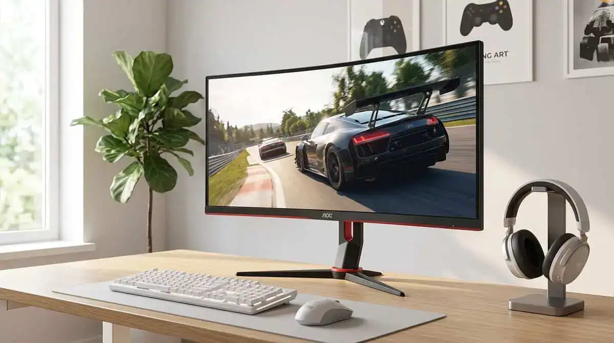 A red-accented AOC curved best budget ultrawide monitor on a bright wood desk showing a racing game, with a white keyboard, mouse, and headphones