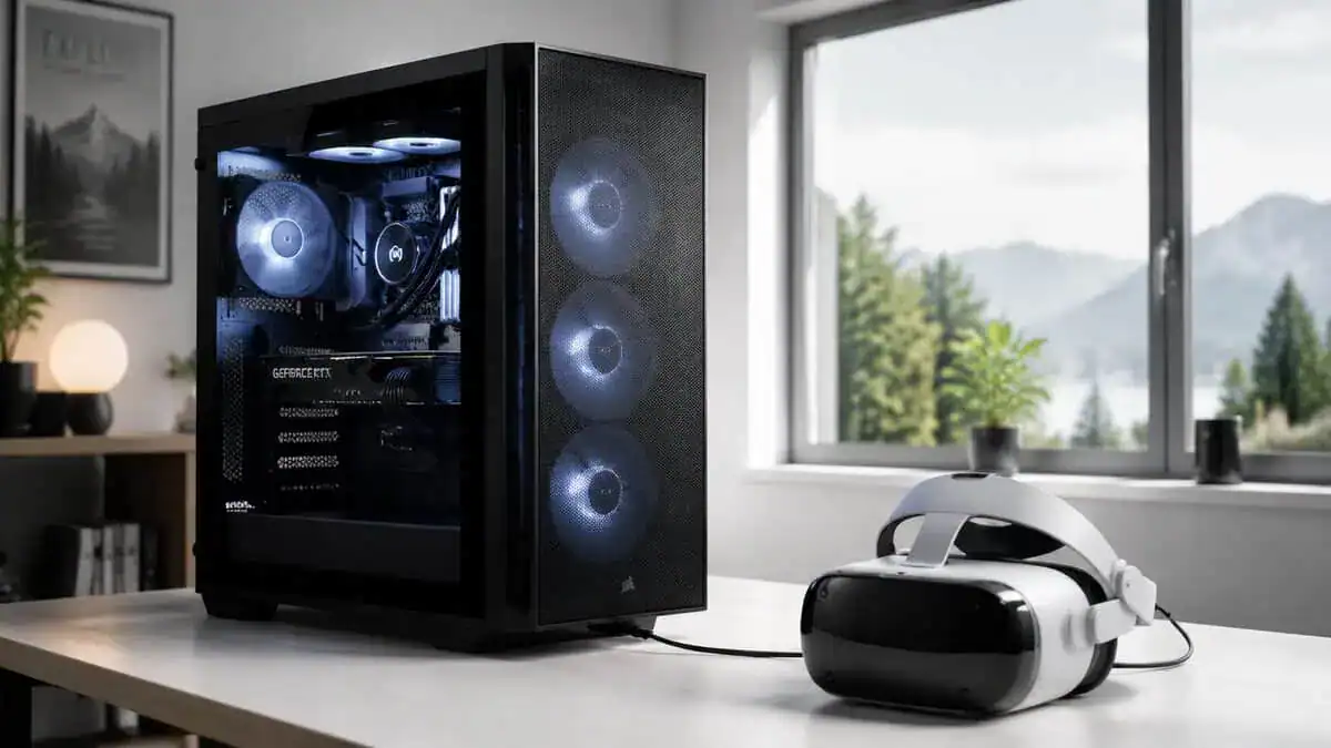 A VR headset tethered by a Link cable to a gaming PC tower, showing how the best budget VR headset for PC connects for wired play