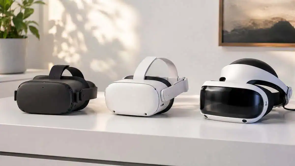Three VR headsets lined up on a shelf, the kind of lineup you weigh when picking the best budget VR headset for PC