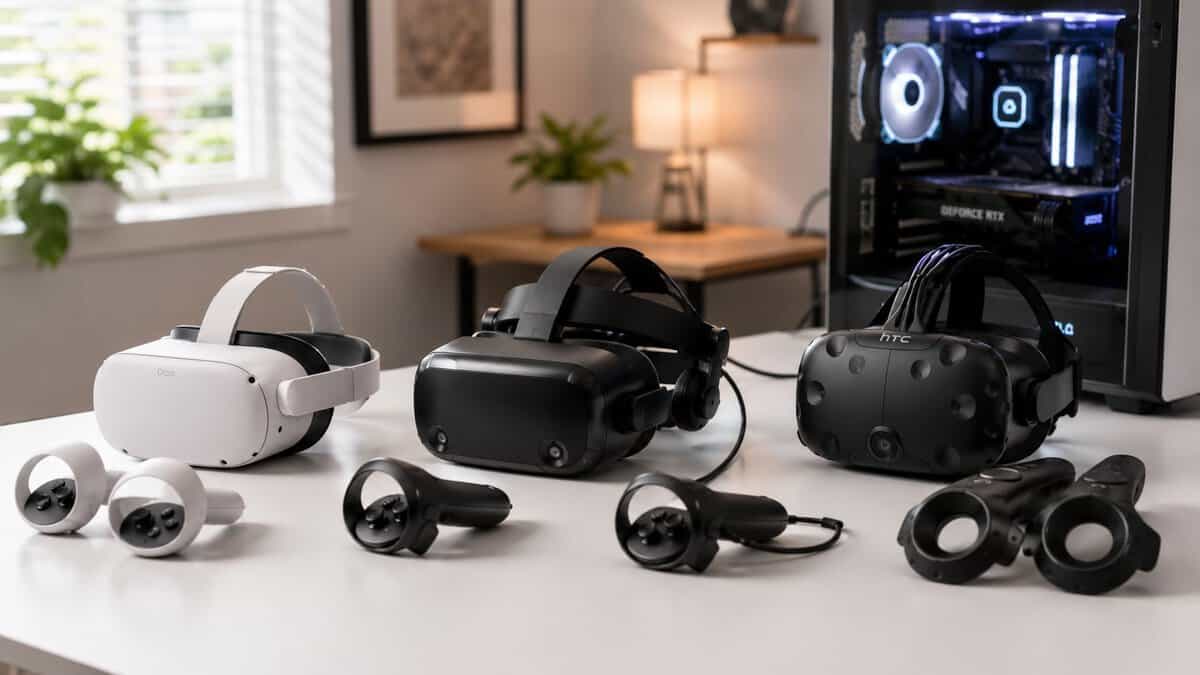 The best budget VR headset for PC compared: three VR headsets and their controllers lined up on a desk beside a gaming PC tower