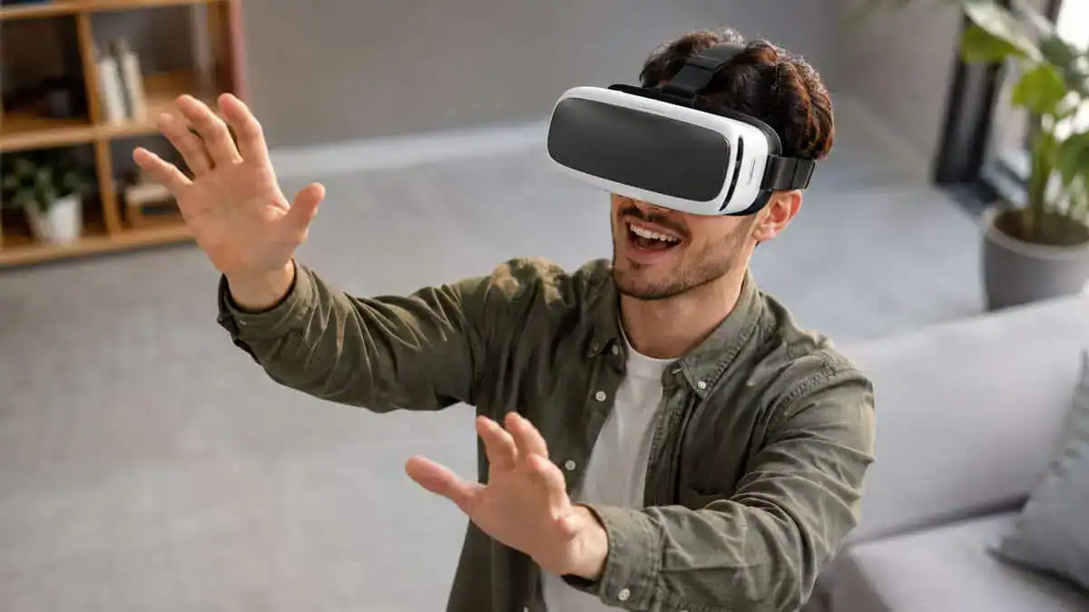 A gamer reaching out while wearing the best budget VR headset for PC, immersed in a living-room VR session