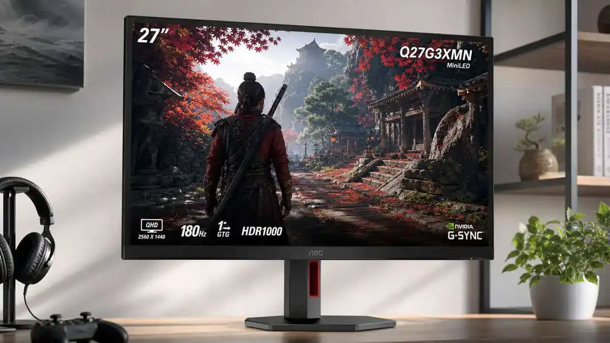 AOC Q27G3XMN on a wooden desk, our best gaming monitor under $300 overall pick