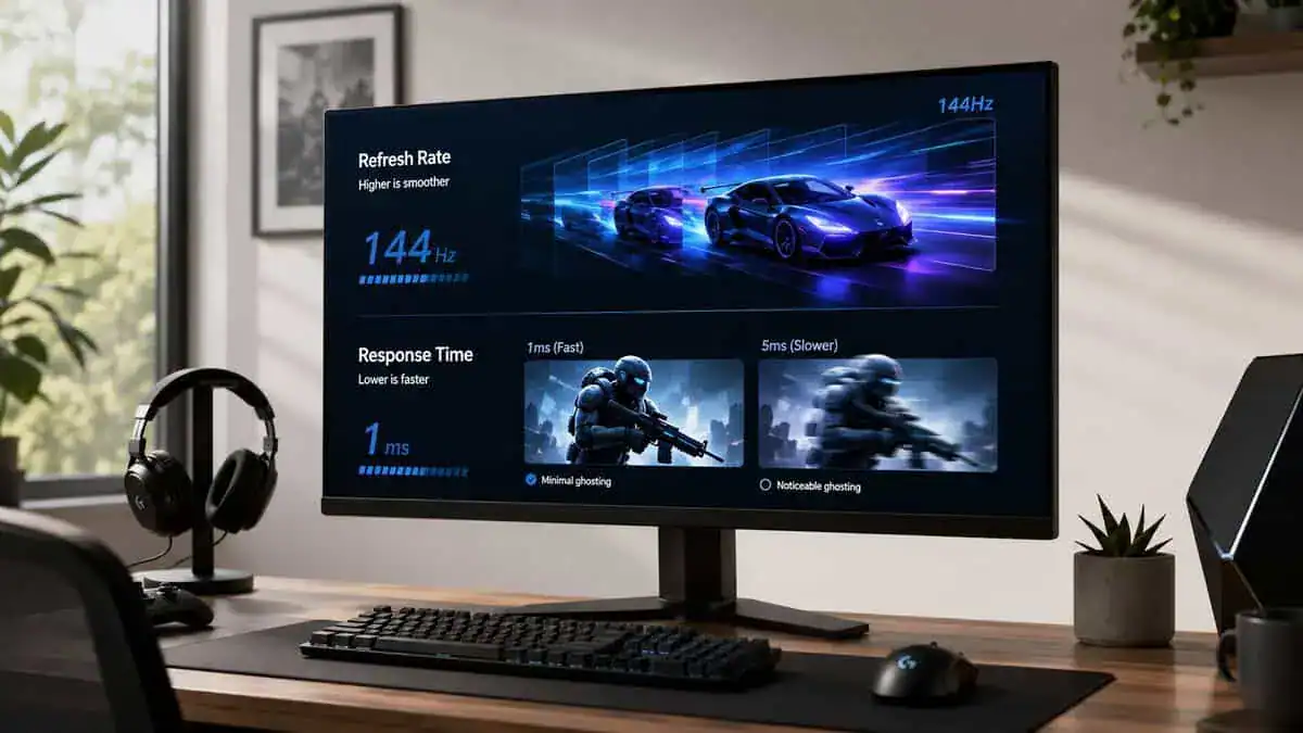 Monitor displaying refresh rate and response time metrics, the specs that decide the best gaming monitor under $300