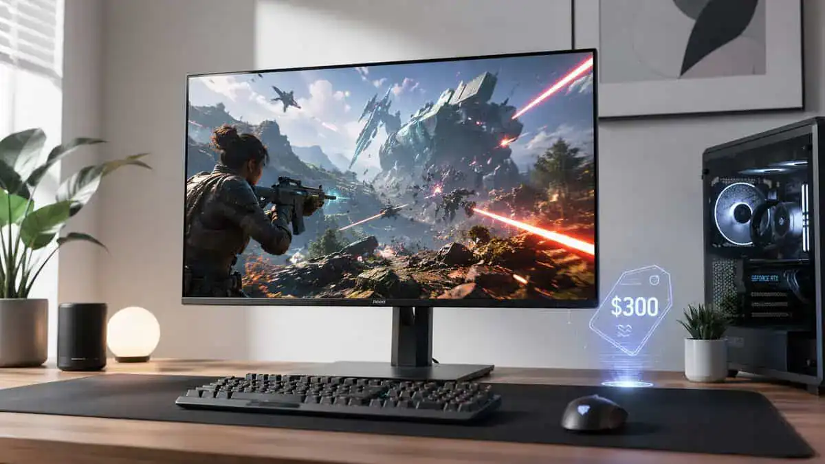 Gaming monitor showing a battle scene on a sleek desk, the kind of panel a best gaming monitor under $300 search should land you