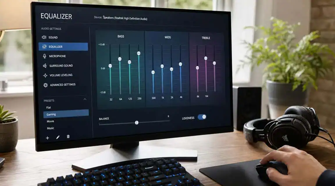Audio equalizer settings on a monitor beside a gaming headset, tuning EQ for the best headset for Tarkov