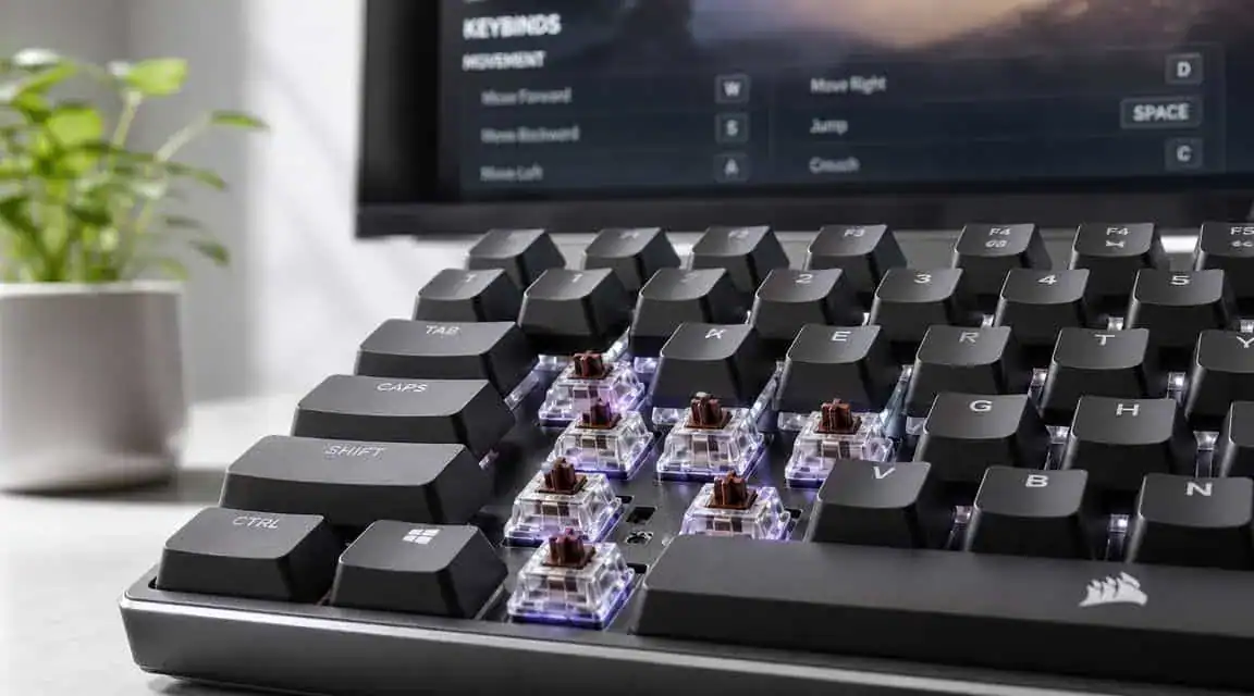 Close-up of a mechanical gaming keyboard with exposed brown tactile switches, the kind of hot-swap board that makes a strong best keyboard for Tarkov pick