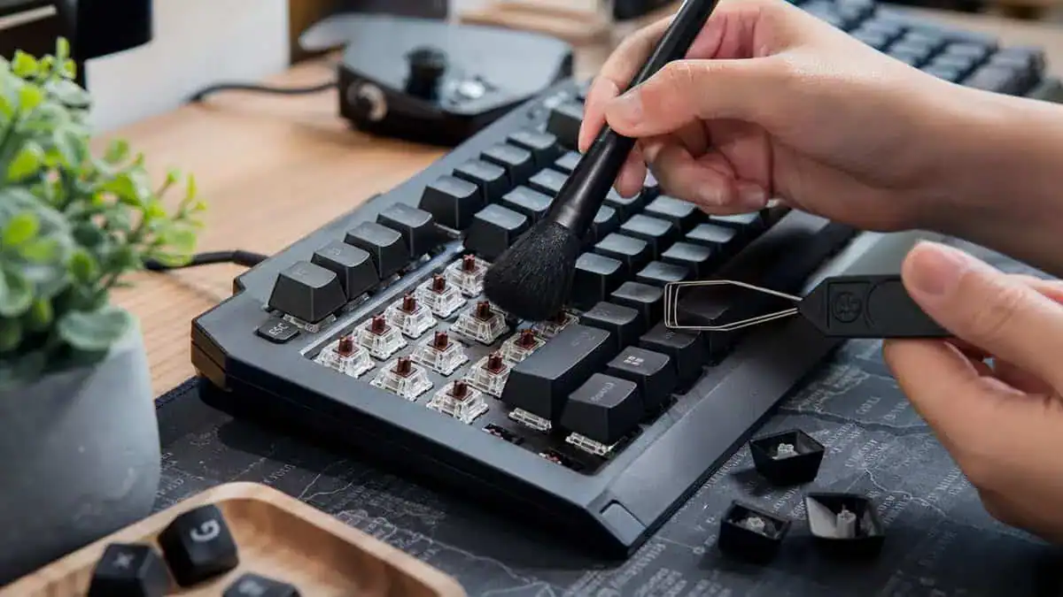 A person brushing dust from a custom mechanical gaming keyboard on a desk, basic upkeep for the best keyboard for Tarkov