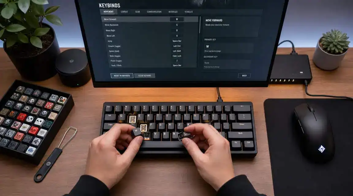 A player swapping keycaps on a mechanical keyboard beside a screen of game keybind settings, dialing in the best keyboard for Tarkov layout