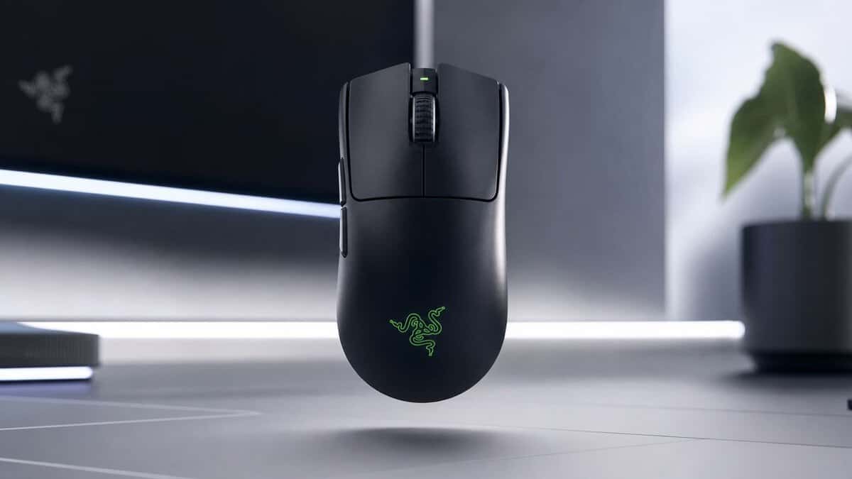 Black Razer wireless gaming mouse with a glowing green logo on a clean desk, a featherweight option for the best mouse for Tarkov