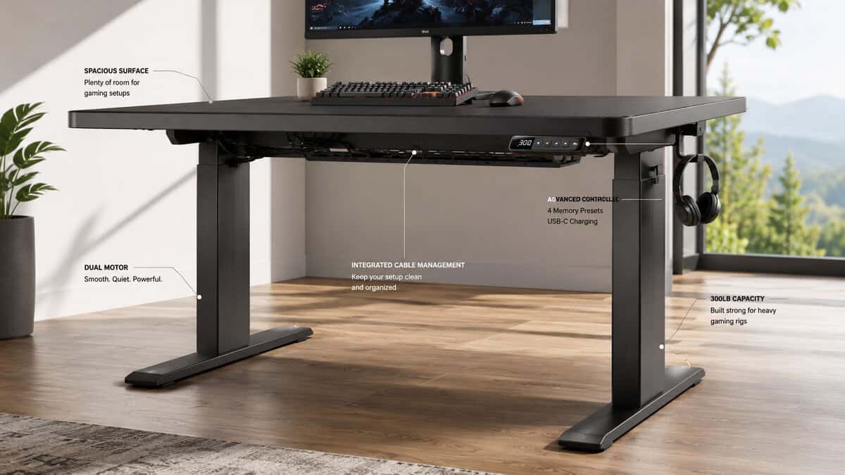 A black height-adjustable electric desk by a mountain-view window with callout labels marking the frame and motor, illustrating what to look for in the best standing desk for gaming