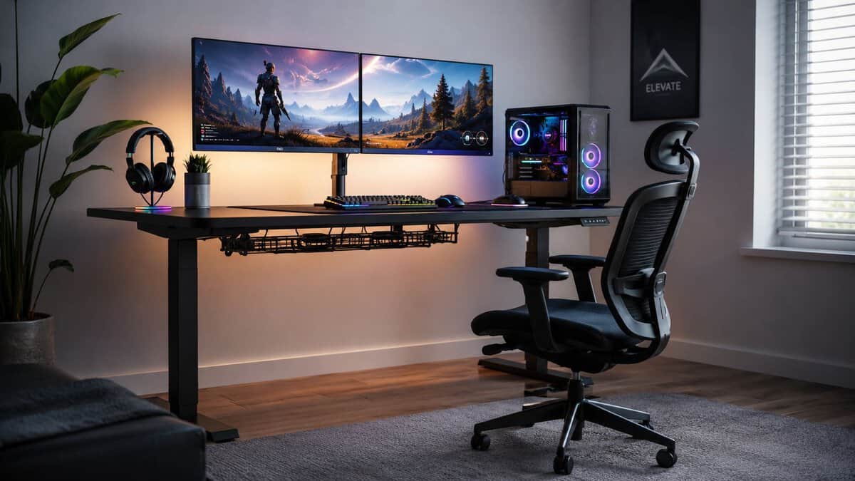 A bright home battlestation built on the best standing desk for gaming, with dual monitors, an RGB PC tower, a headset on its stand, and an ergonomic mesh chair beside a sunlit window