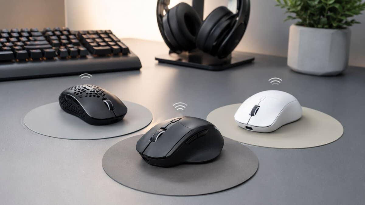 Three wireless gaming mice on round pads beside a keyboard and headset, the kind of lineup you weigh when picking the best wireless mouse under $50