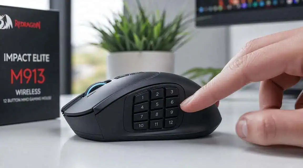 Close-up of a hand pressing a side button on a black Redragon M901P wireless MMO gaming mouse, a multi-button best wireless mouse under $50 pick