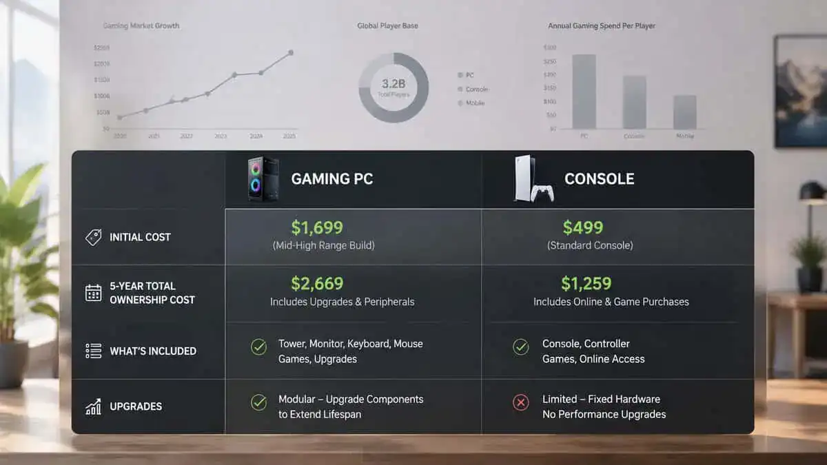 A comparison chart showing the initial and 5-year ownership costs of a gaming PC versus a console, a core part of the console vs pc gaming decision.