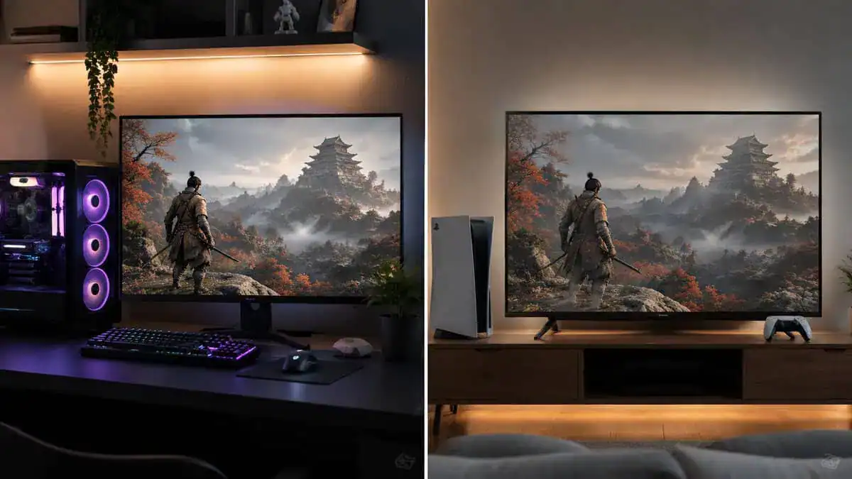 A split image comparing a high-end gaming PC setup and a PlayStation 5 console, the heart of the console vs pc gaming choice.