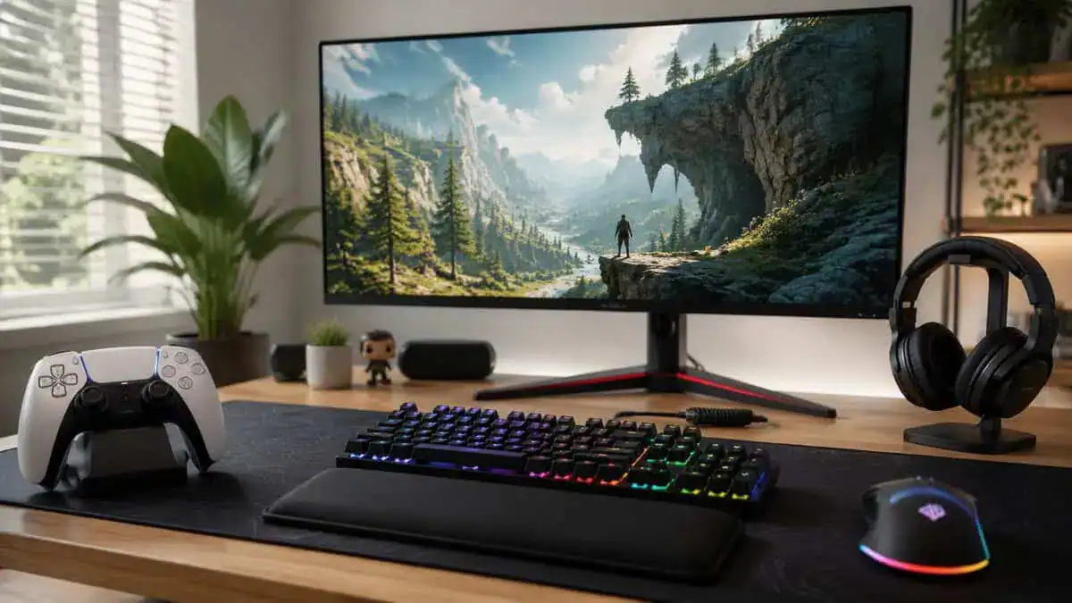 A modern gaming desk setup with a large monitor, keyboard, mouse, and controller, the kind of PC rig central to the console vs pc gaming debate.