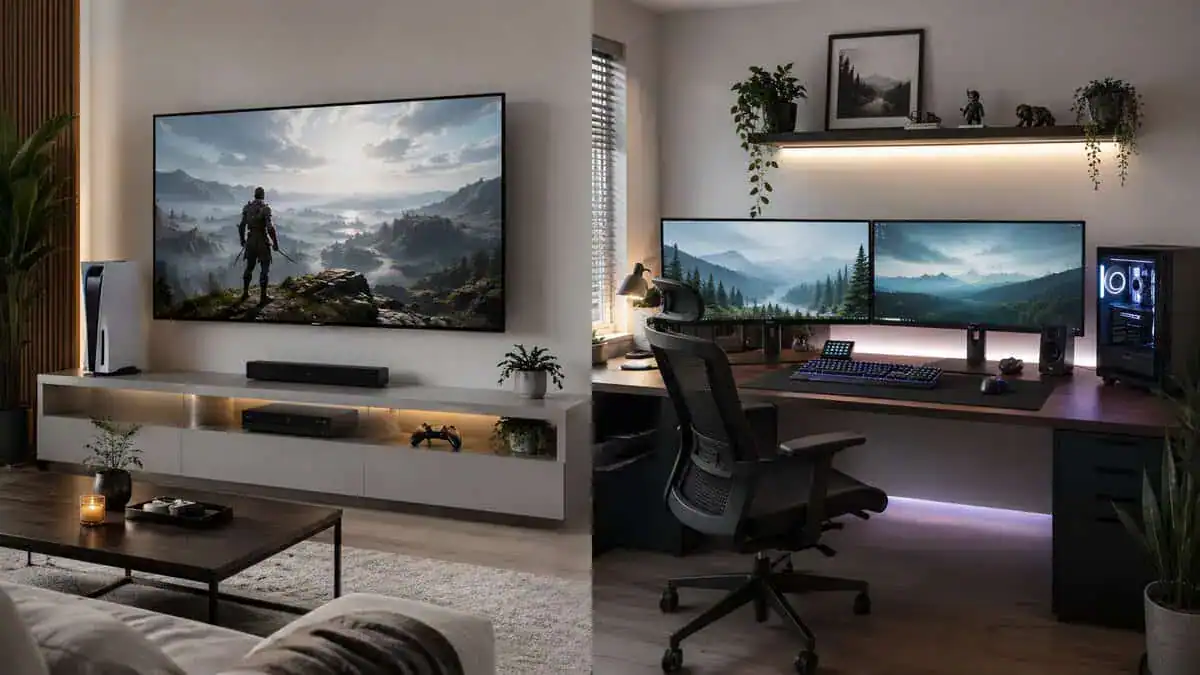 A split-screen comparison of a cozy living-room console setup and a modern desk PC setup, the classic console vs pc gaming tradeoff.