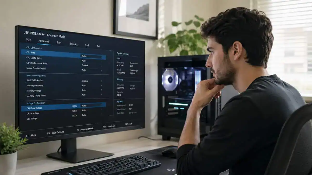 Learning how to overclock your CPU by adjusting CPU ratio and voltage in a UEFI BIOS on a desktop monitor