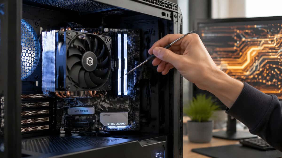 How to overclock your CPU illustrated by a hand fine-tuning a glowing CPU on a motherboard inside an open PC case with a blue-lit air cooler